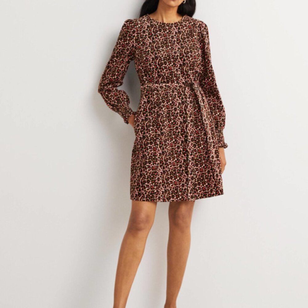 Boden Abstract Print Smocked Cuff Corduroy Dress Brown Size 6R